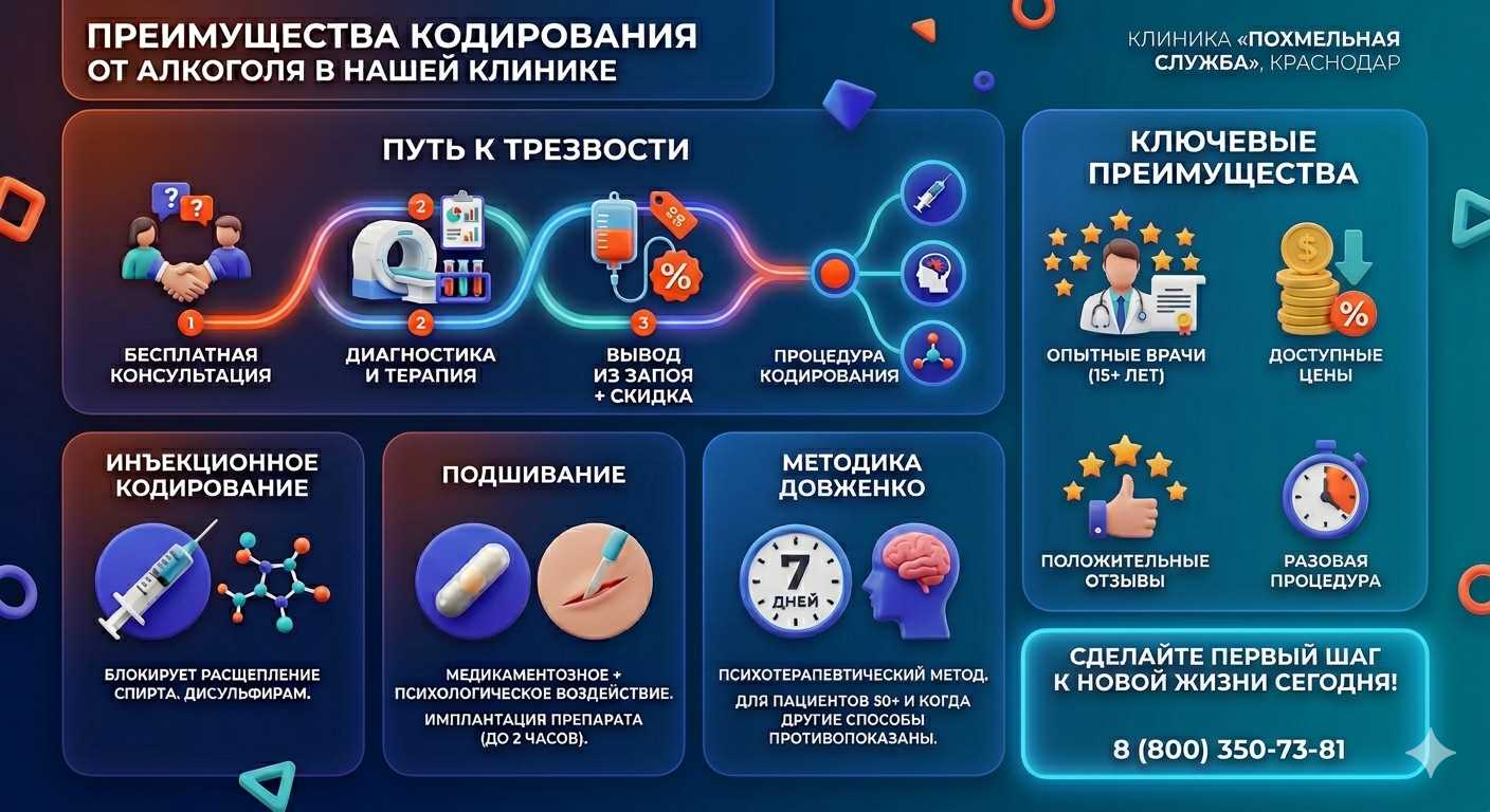 Инфографика о методах кодирования от алкоголя в Барановичах: инъекции, подшивание, метод Довженко. Преимущества клиники и этапы лечения.