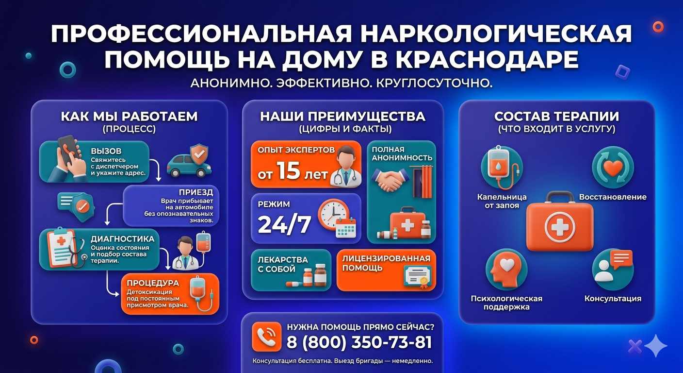 Инфографика о принципах лечения алкоголизма на дому в Барановичах: этапы вызова нарколога, преимущества анонимной детоксикации и состав медицинской помощи.
